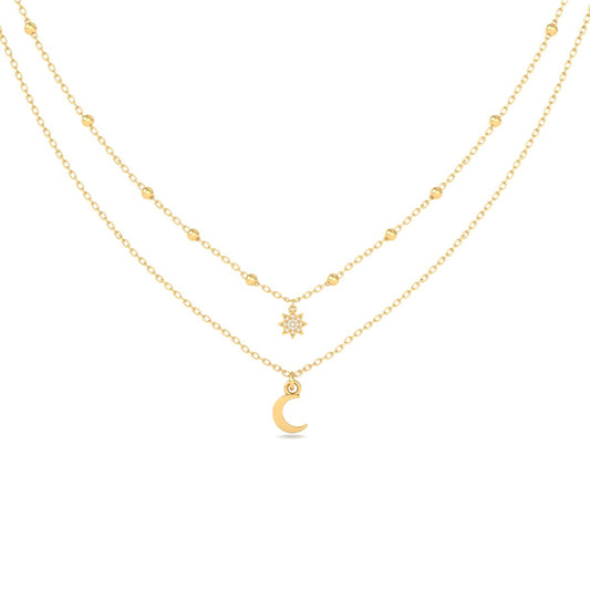 Layered Moon and Star Pendant Necklace, Dainty Gold Beaded Necklace, 14K Yellow Gold Over Sterling Silver