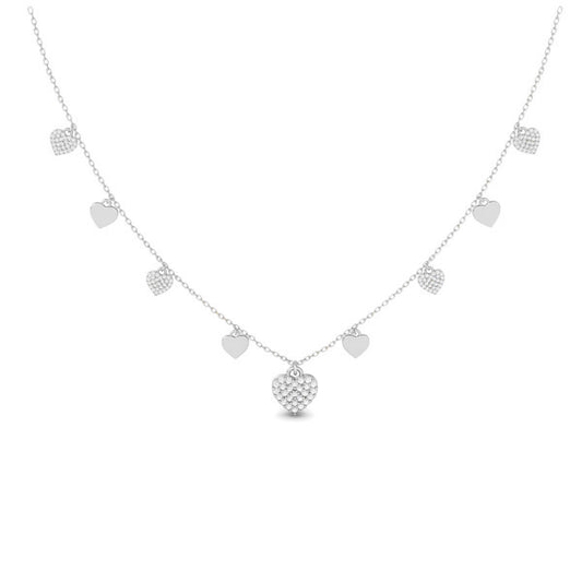 Dainty Heart Charm Necklace, Pave Diamond Heart Pendant, Sterling Silver Necklace