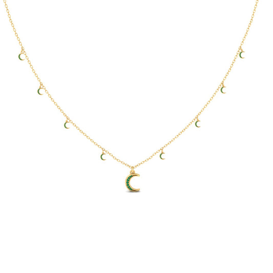 Emerald Crescent Moon Necklace, Dainty Moon Charm Necklace in 14K Yellow Gold Over Sterling Silver