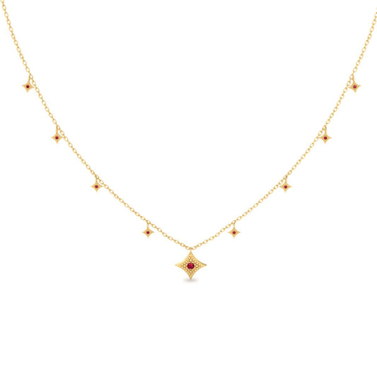 Delicate Red Gemstone Star Charm Necklace, 14K Yellow Gold Over Sterling Silver