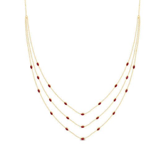 Red Garnet Station Necklace, Dainty Layered Necklace, 14K Yellow Gold Over Sterling Silver