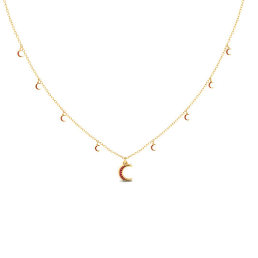 Ruby Crescent Station Necklace, Moon Pendant, Mini Crescent Moon Diamond Necklace, 14K Yellow Gold Over Sterling Silver