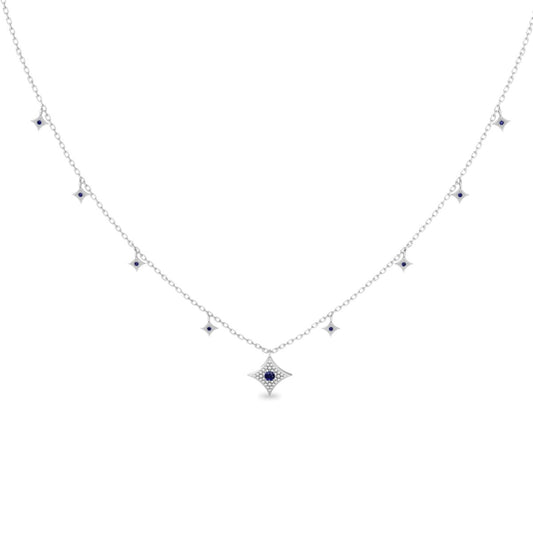 Blue Sapphire Star Charm Necklace, 14K White Gold Over Sterling Silver, Dainty Layering Necklace