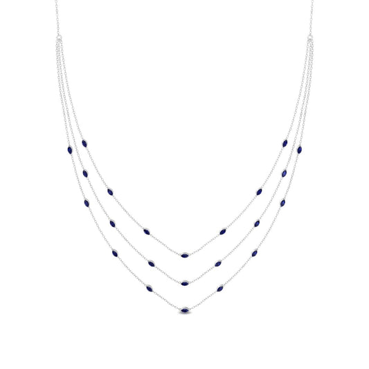 Multi-Layer Sapphire Station Necklace, 14K White Gold over Sterling Silver, Dainty Layered Necklace