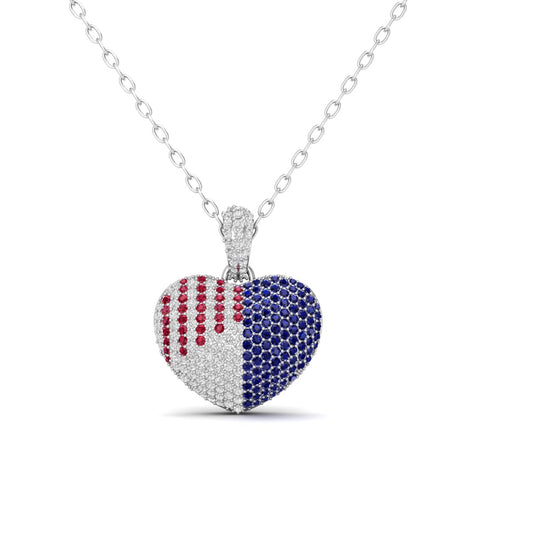 True Elegant 5.0CT Red,White and Blue Diamond American Flag Heart Pendant Necklace in Sterling Silver 18 inches