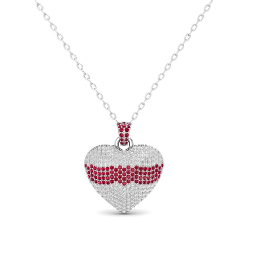 Pave Set Moissanite Diamond Pink Ruby Big Heart Pendant Necklace With 18 Inch Cable Chain In 18kt Gold Over Sterling Silver