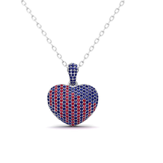 Pave Style Blue Sapphire And Garnet Heart 925 Sterling Silver Pendant Necklace