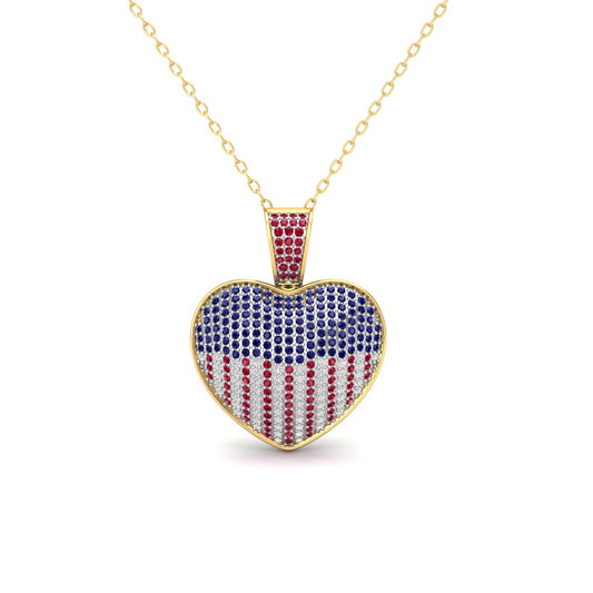 American Flag Birthstone Sapphire Garnet Diamond Heart Pendant Necklace with 18" Chain