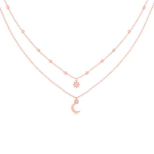 Layered Moon and Star Pendant Necklace, Dainty Gold Beaded Necklace, 14K Yellow Gold Over Sterling Silver