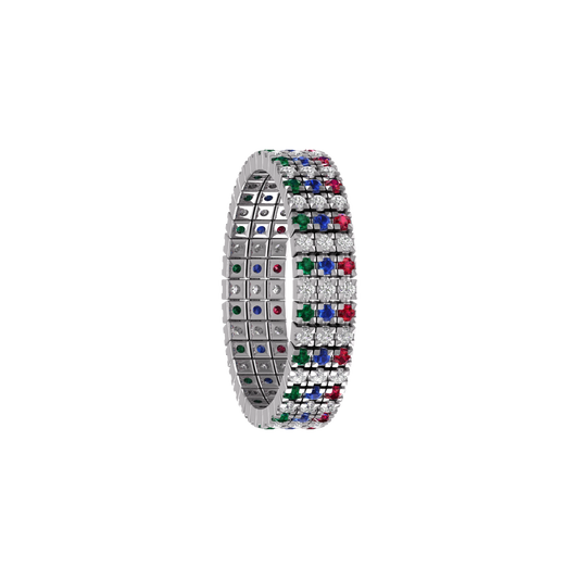 2.0CT Ruby Sapphire Emerald Cocktail Three Row Full Eternity Wedding Anniversary Band Ring 925 Sterling Silver