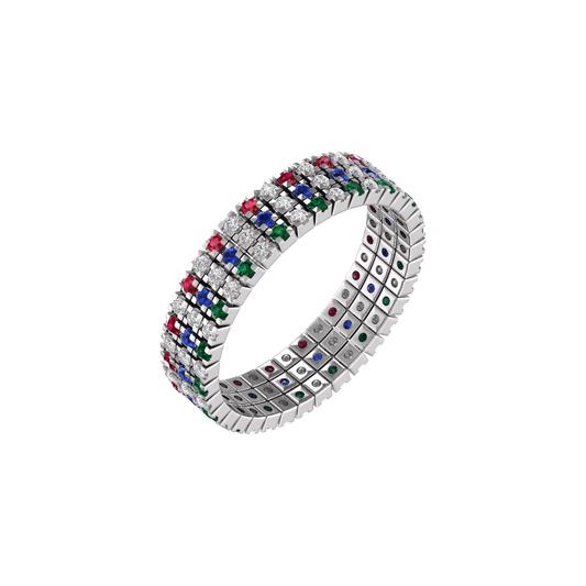 2.0CT Ruby Sapphire Emerald Cocktail Three Row Full Eternity Wedding Anniversary Band Ring 925 Sterling Silver